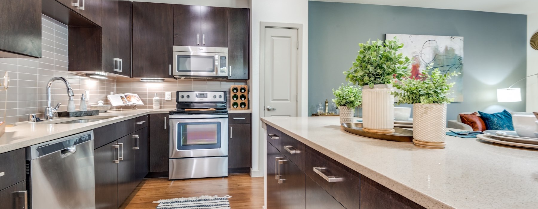 a kitchen with a large island