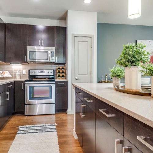 a kitchen with a large island