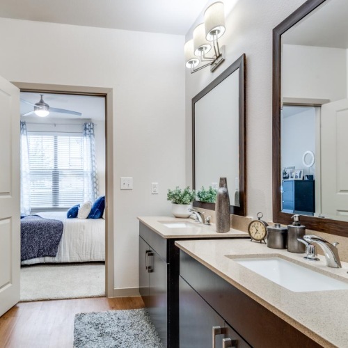 a bathroom with a large mirror